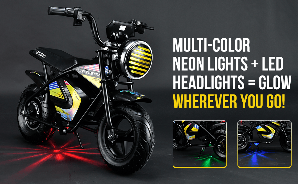 Littletrax 350W Kids Electric Bike – Ages 3 to 12+ ride on mini monkey bike - 3 speed, Bluetooth music, horn, lights, 36v