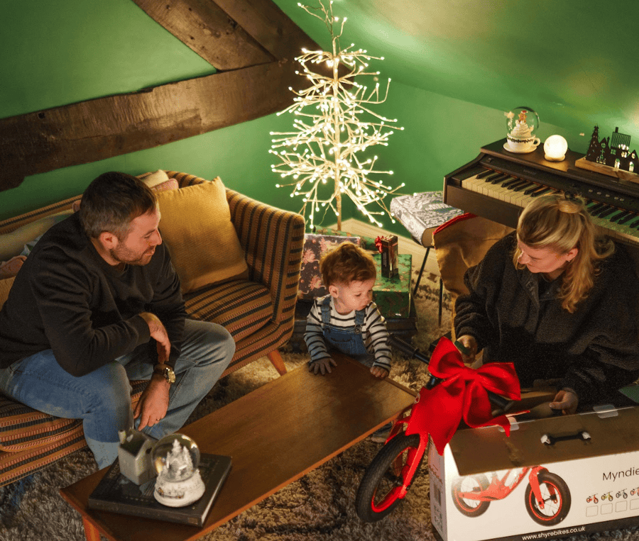 A family of three gathers in a cozy room with green walls and wooden beams, celebrating around a gift box for a red children's bicycle. A child is in the center, and an adult man and woman are seated on either side, smiling and interacting.
